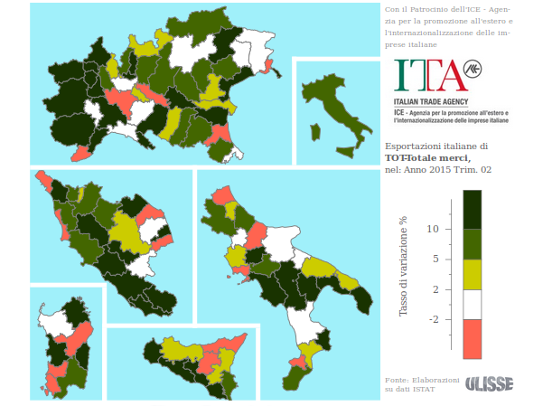 Variazioni tendenziali II trimestre 2015 delle esportazioni dei territori italiani (euro correnti; fonte: Exportpedia) Exportpedia